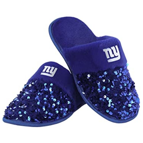 Licensed FOCO NFL New York GIANTS Women's Glitter Sequin Fur Slip On Slipper - Picture 1 of 12